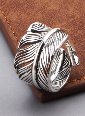 s925银饰品复古羽毛开口戒指