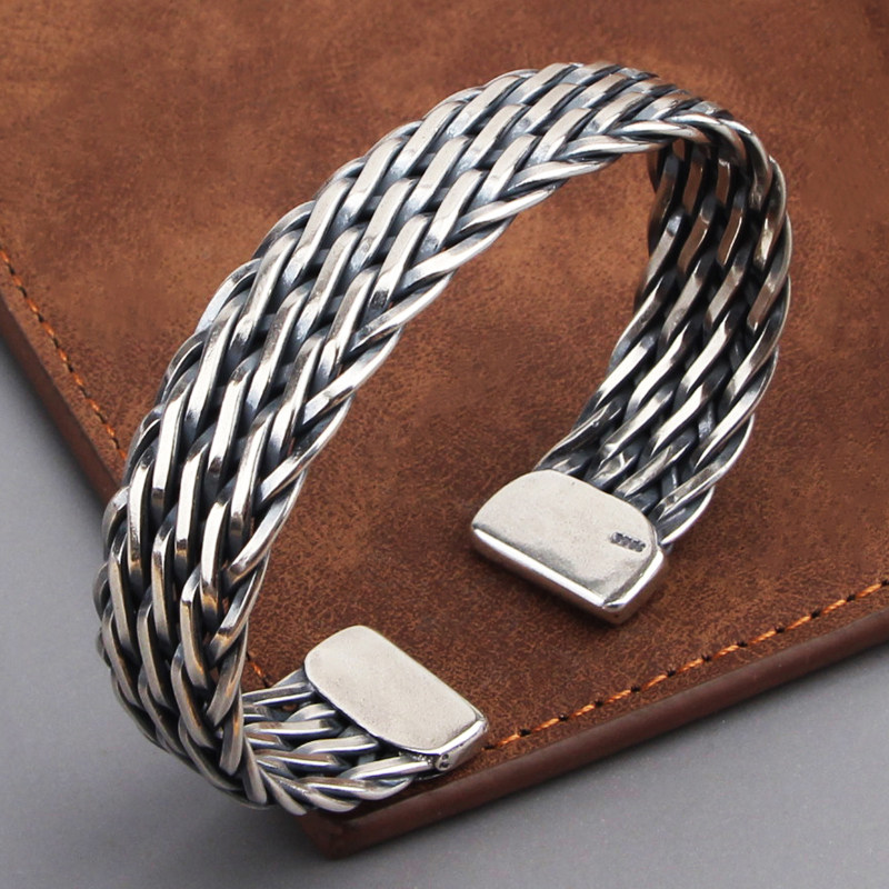 S925纯银纯手工编织手镯男女同款复古做旧百搭个性宽版手镯手饰品