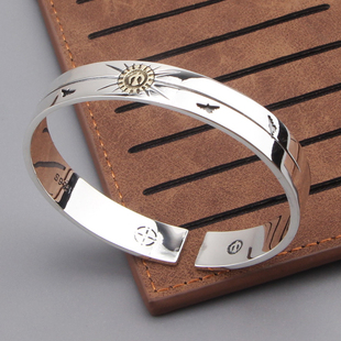 s925纯银饰高桥点金飞鹰雕刻开口手镯男女日韩复古森系百搭情侣款