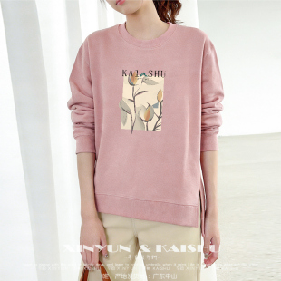 国潮风ins纯棉圆领卫衣女加绒宽松下摆开叉休闲套头春秋无帽秋季