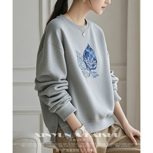 长袖 洋气下摆宽松开叉纯棉薄款 圆领秋冬加绒 2025时尚 卫衣女新款