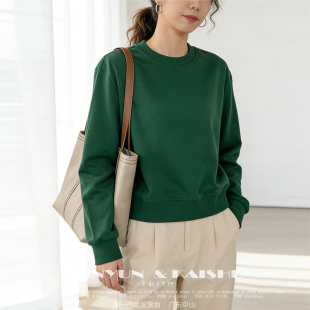 纯棉洋气卫衣女短款 毛圈棉减龄 圆领绿色宽松小个子正肩上衣春秋季