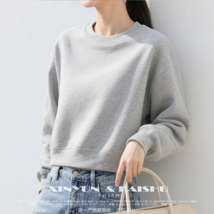 短款圆领卫衣女春秋季灰色百搭宽松高腰毛圈棉小个子打底衫慵懒