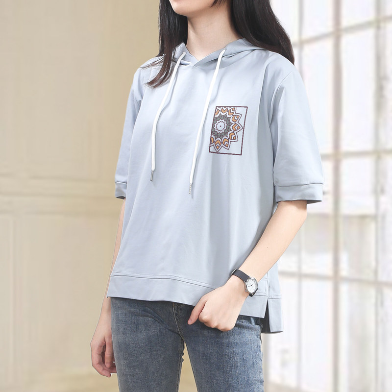 国潮文艺风夏季卫衣女半袖连帽宽松开叉上衣短袖t恤帽衫蓝色中袖