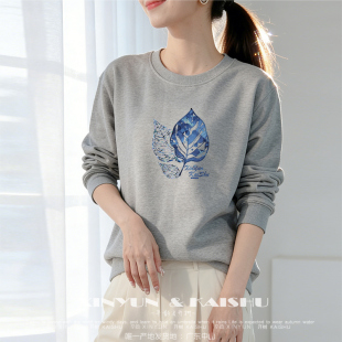 宽松休闲上衣秋冬加绒内搭打底衫 薄款 秋季 洋气圆领卫衣女纯棉长袖