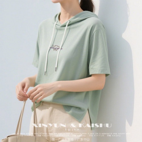 2025新款夏季连帽卫衣女短袖洋气带帽t恤休闲百搭宽松显瘦上衣潮