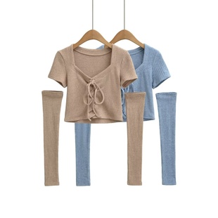 袖 性感露脐外穿衫 套两件套 上衣套装 甜辣风短款 坑条绑带短袖