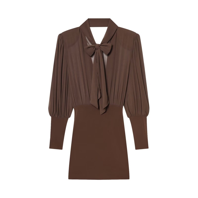 2025秋冬蝴蝶结连衣裙女 V 领泡泡袖收腰短裙 轻熟气质通勤包臀裙