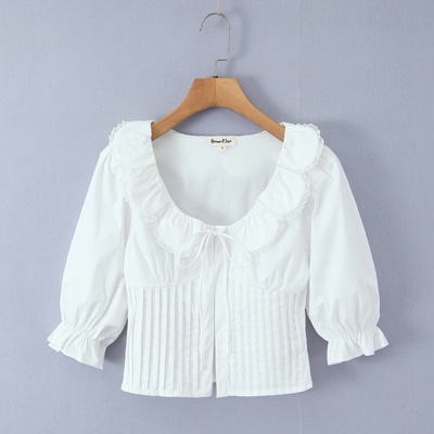 白色蕾丝大翻领短款上衣 泡泡袖收腰衬衫 甜妹风法式复古方领小衫