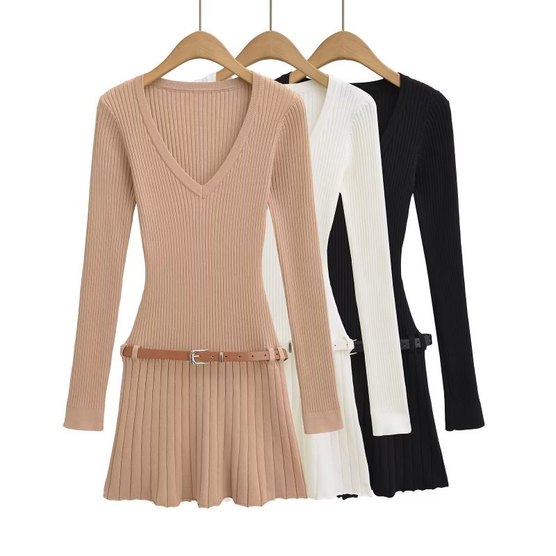 V 领针织连衣裙 修身坑条收腰百褶裙 温柔气质长袖显瘦毛衣裙