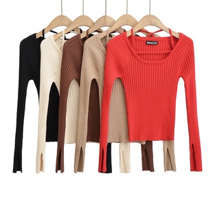 长袖 秋冬性感显瘦内搭打底衫 开叉修身 上衣 短款 坑条方领针织衫