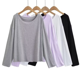 秋冬百搭纯色休闲打底衫 圆领宽松长袖 慵懒风内搭上衣 基础款 T恤
