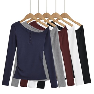 秋冬性感百搭纯色打底衫 半开扣斜肩长袖 褶皱设计感内搭 修身 上衣