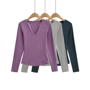 恤 修身 显瘦内搭上衣 打底衫 舒适弹力基础款 领坑条长袖