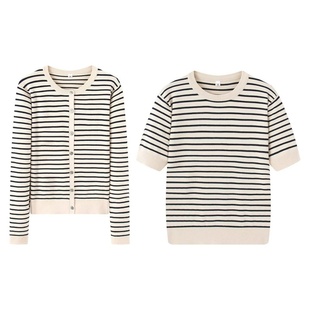 圆领开衫 恤 长袖 简约百搭休闲两件单品 短袖 条纹针织上衣组合