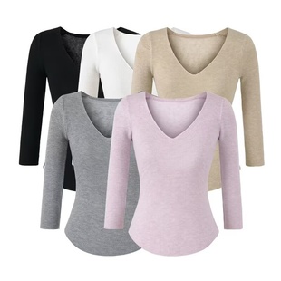 修身 上衣 弹力基础款 内搭 秋冬通勤显瘦打底衫 领坑条针织七分袖