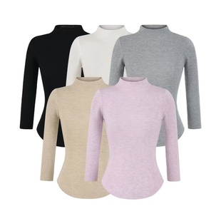 内搭 半高领坑条七分袖 弹力基础款 修身 通勤显瘦纯色上衣 打底衫