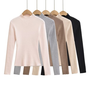 打底衫 显瘦长袖 日常通勤百搭纯色内搭上衣 修身 半高领坑条针织衫