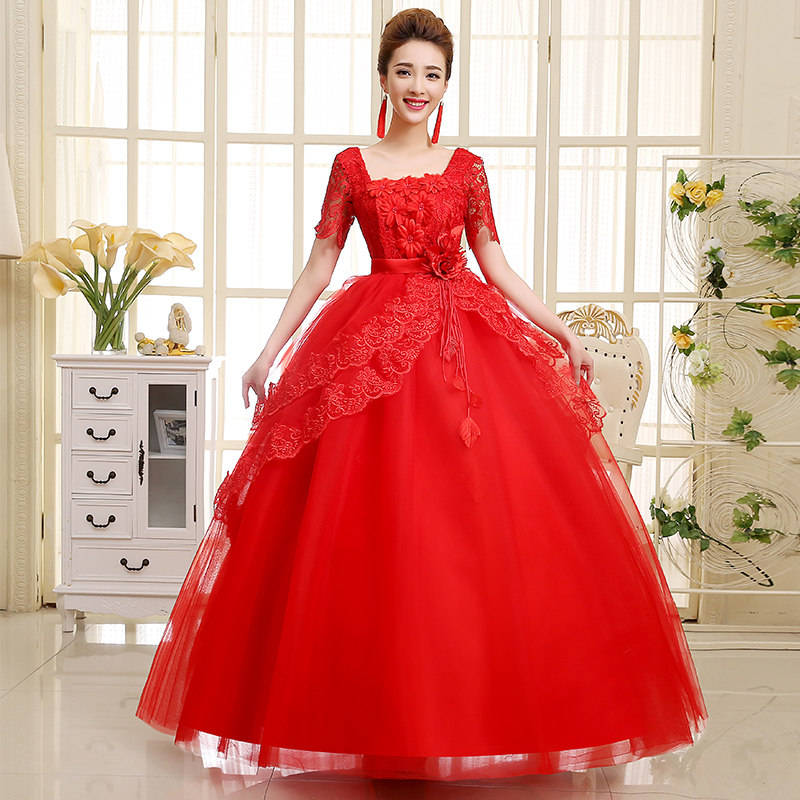 Red fitted wedding dress for pregnant for bride, suitable for teen, plus size, high waist