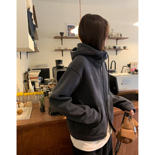 阿一 刚需实穿派 磨毛卫衣女秋冬宽松加绒百搭灰色双拉链连帽外套