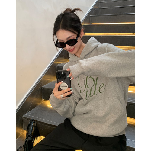 阿一 刺绣加绒卫衣女秋冬宽松oversize美式加厚灰色连帽休闲外套