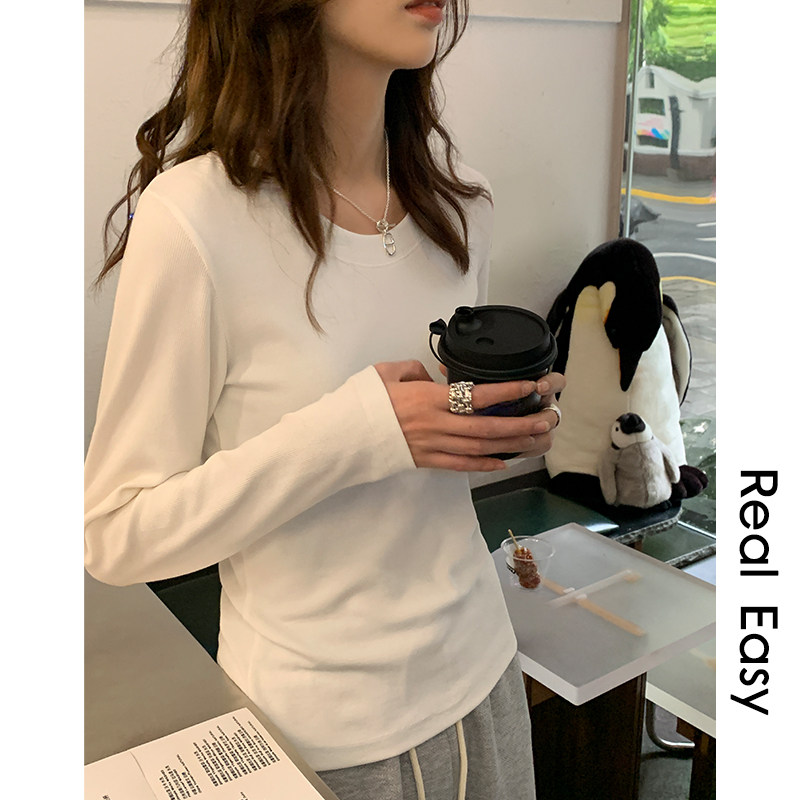 阿一 基础修身打底衫女秋季外穿白色上衣内搭圆领百搭纯色长袖t恤