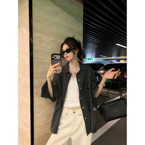 阿一 任意穿都很松弛 天丝亚麻双口袋长袖衬衫女秋季宽松休闲上衣