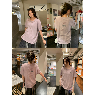 阿一 元气薄透感雪花肌理印花短袖t恤女夏季宽松紫色休闲百搭上衣