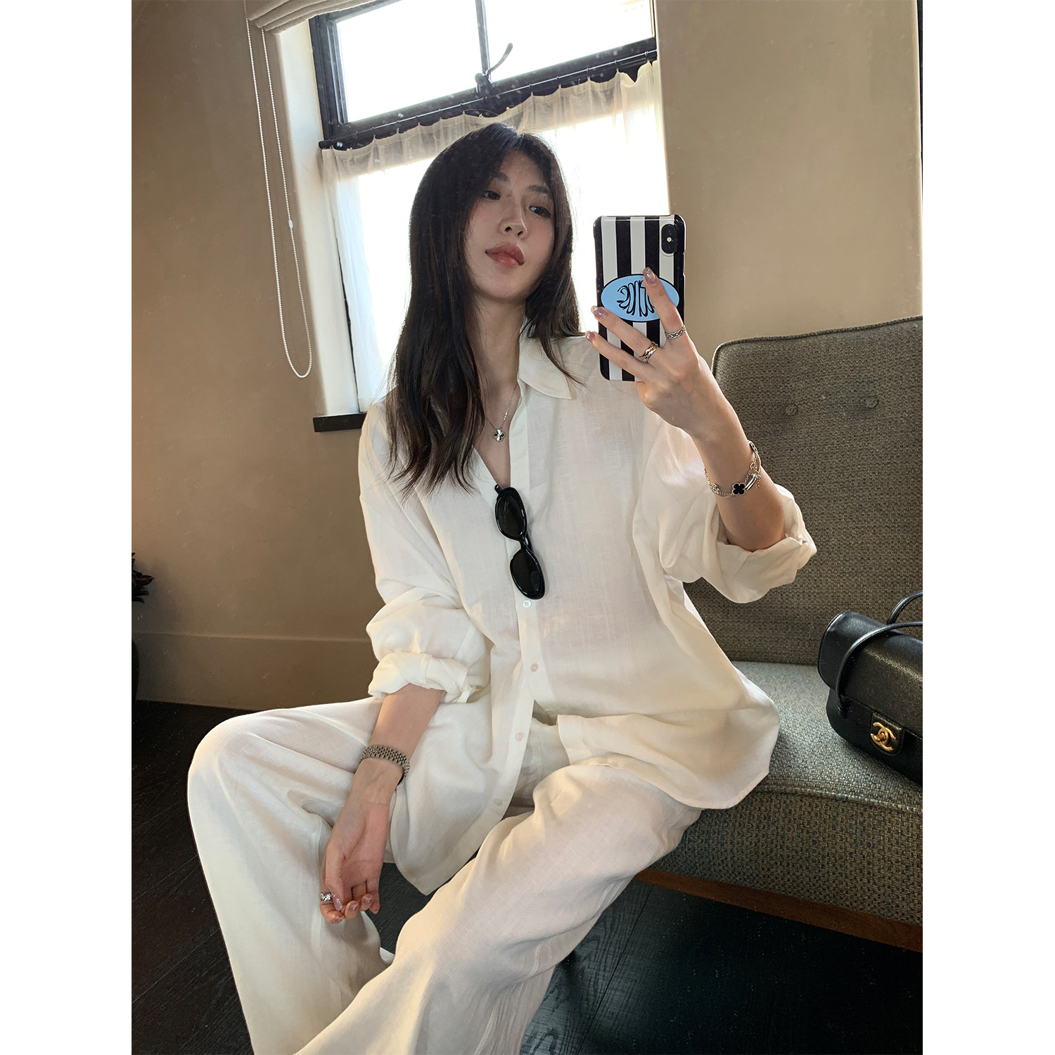 阿一轻盈天丝亚麻长袖衬衫女秋季慵懒风oversize防晒白色衬衣