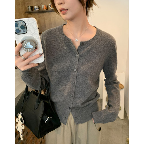 阿一 质感主义100羊毛软糯针织开衫女秋季新款百搭灰色叠穿上衣