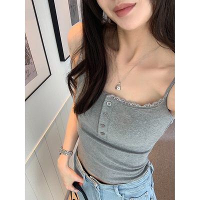 阿一 私有浪漫 法式蕾丝边修身吊带上衣女秋季纯欲风带胸垫背心