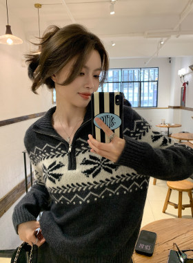 阿一 冰岛雪花复古费尔岛半拉链毛衣女冬季宽松高领提花针织衫