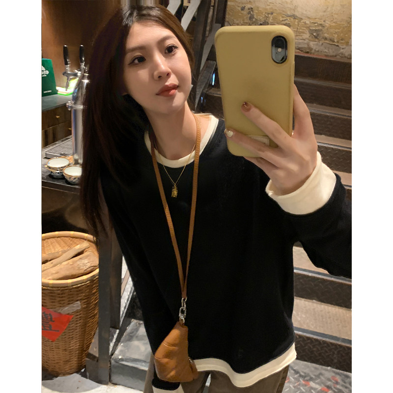 阿一 进口机织高支绵羊毛针织衫女秋季假两件内搭打底衫上衣毛衣