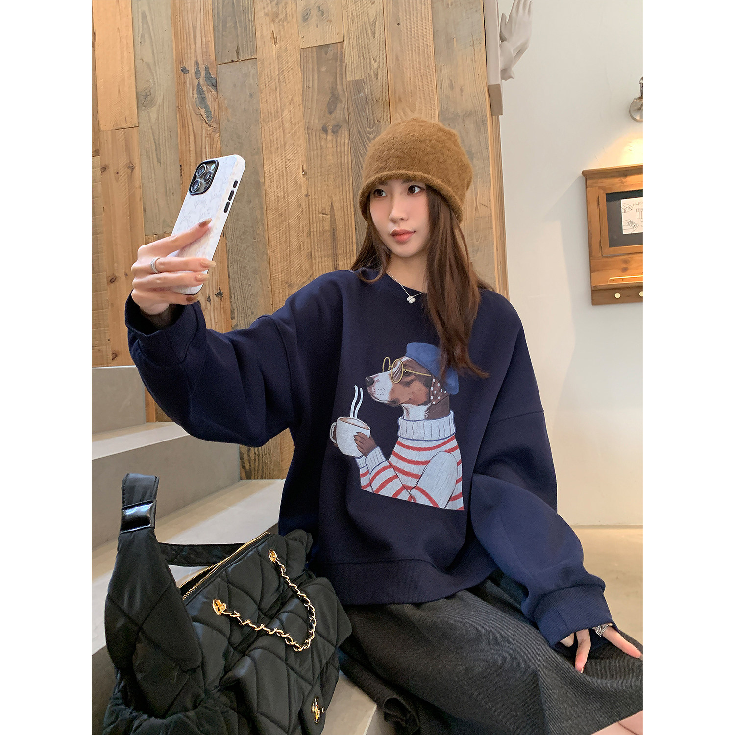 阿一 珠地棉趣味印花慵懒风卫衣女秋季2026宽松圆领美式休闲上衣