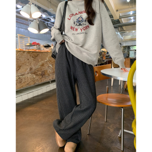 阿一 腿型修正机 细密绒感复古格子毛呢裤女秋冬加绒弯刀休闲裤子