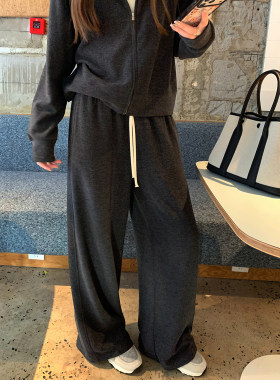 阿一 lazy chic 细腻一体绒直筒休闲裤女秋季新款灰色宽松阔腿裤