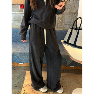 阿一 lazy chic 细腻一体绒直筒休闲裤女秋季新款灰色宽松阔腿裤