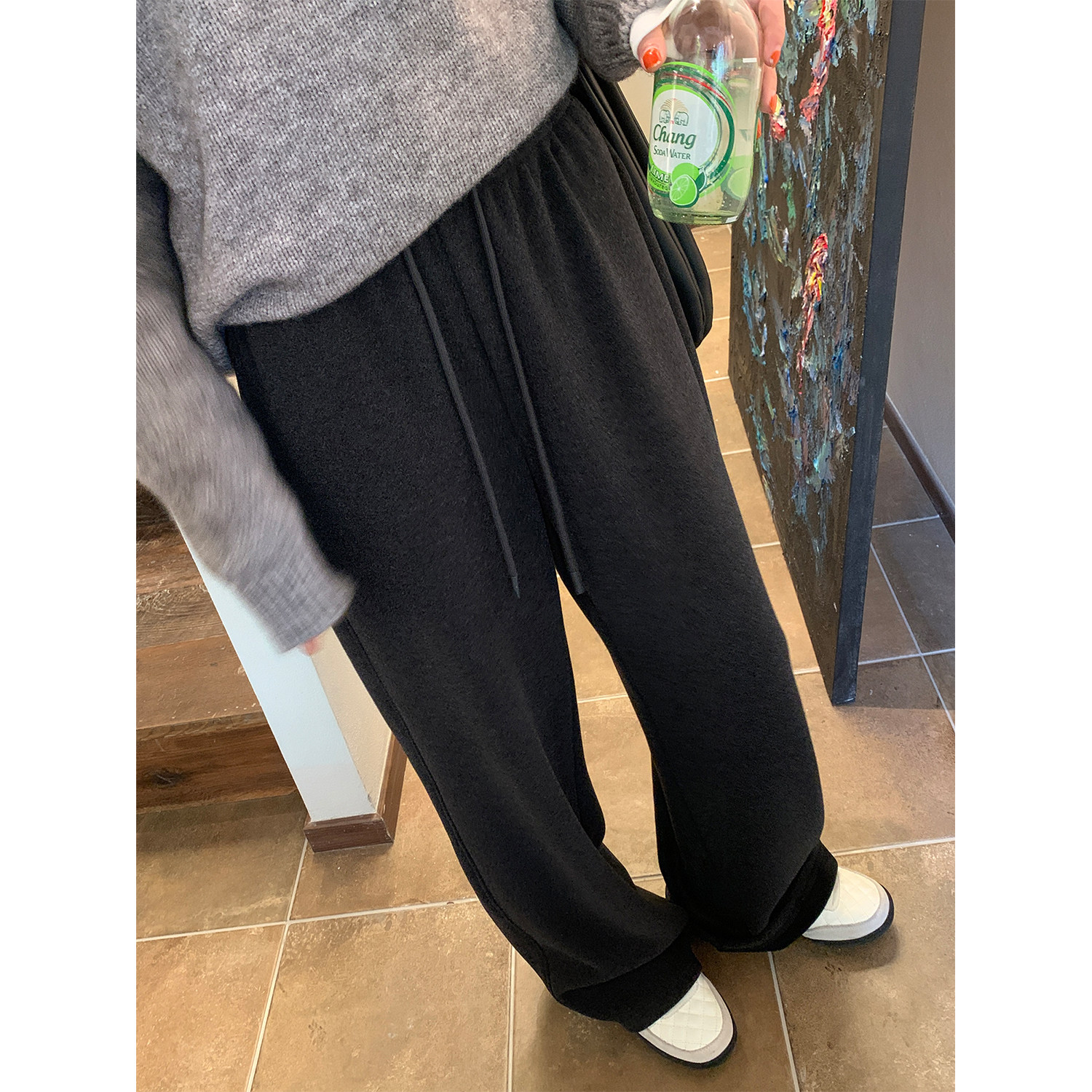 阿一 软糯舒芙蕾 休闲加绒阔腿裤女秋冬新款宽松直筒裤子灰色卫裤