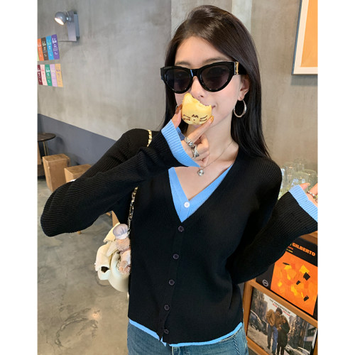 阿一 超细绵羊毛弹力纱 V领假两件针织开衫女短款秋季毛衣上衣