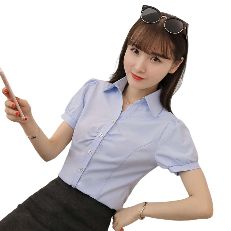韩版雪纺白衬衫女25夏短袖职业装天蓝色正装V领大码半袖衬衣女装