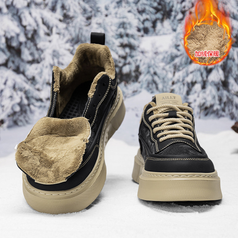 莆田男鞋2026冬季新款加绒二棉鞋青少年软底增高皮面运动休闲板鞋