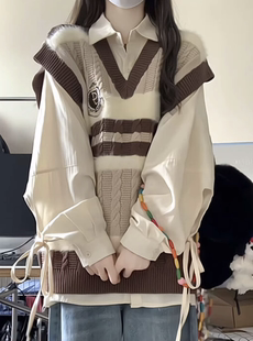 两件套时尚 美式 小个子慵懒毛衣针织马甲衬衫 学院风套装 女秋冬新款