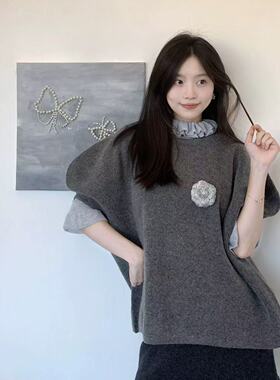 韩剧女主气质穿搭套装女秋冬新款灰色宽袖马甲打底衫半身裙三件套