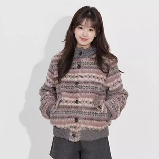 韩系费尔岛氛围感毛衣女秋冬新款 设计感提花毛绒加厚针织连帽外套