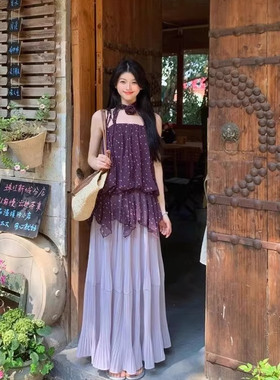 法式度假风波点吊带衫套装女夏季新款紫色吊带背心高腰长裙两件套