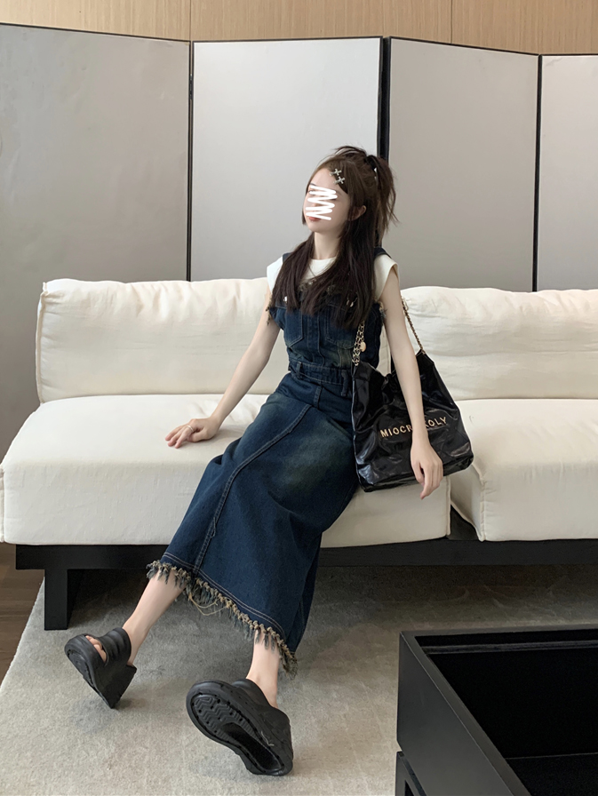 毛边牛仔背带连衣裙女夏季新款高级感复古收腰a字裙长裙裙子质感