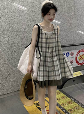 日系古早味少女穿搭套装女夏季2025新款小个子格纹衬衫短裤两件套