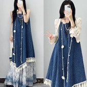 超美罩衫 云南旅游度假风套装 春夏新款 流苏吊带连衣裙扎染裙三件套