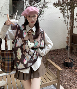 秋季套装女新款复古提花毛衣马甲针织背心叠穿衬衫两件套裙一整套