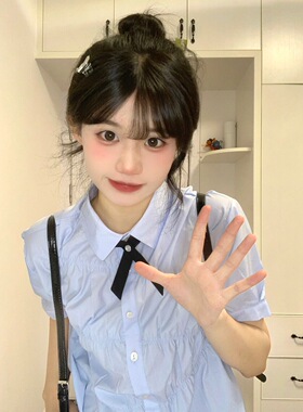 蓝色短袖衬衫女夏季新款设计感小众宽松学院风休闲衬衣高级感上衣